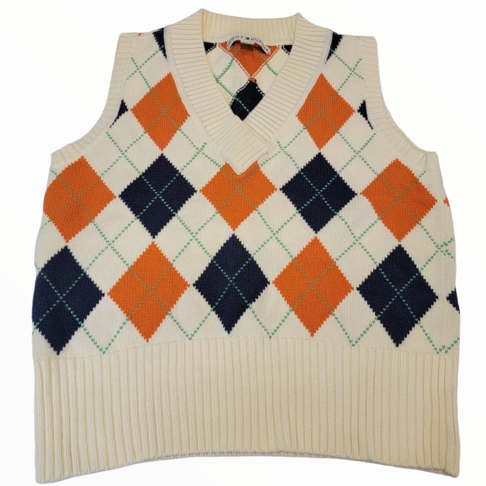 Tommy Hilfiger Cream, Orange, and Navy Argyle V-Neck Sweater